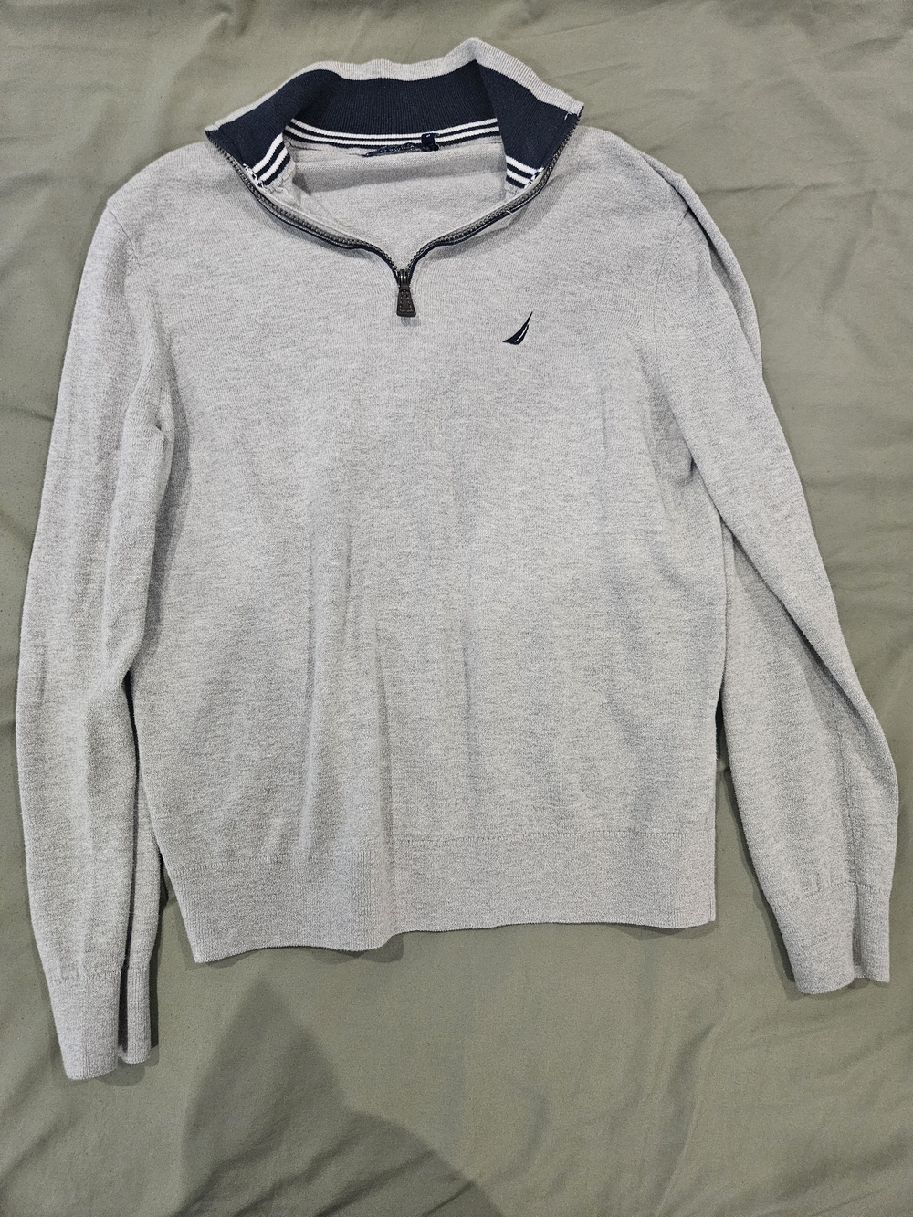 Nautica Light Gray Quarter-Zip Sweater with Navy Trim